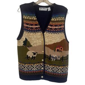 Vintage Gina Peters V Neck Button Front Farm Country Sweater Vest Women's XL
